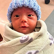Kason joined the competition — help win amazing prizes! baby, newborn, infant, blue_hat, knitted_hat, blanket, fleece, wrapped, face, eyes, cute, soft, warm, indoors, closeup, portrait, person, child, newborn_baby, headwear