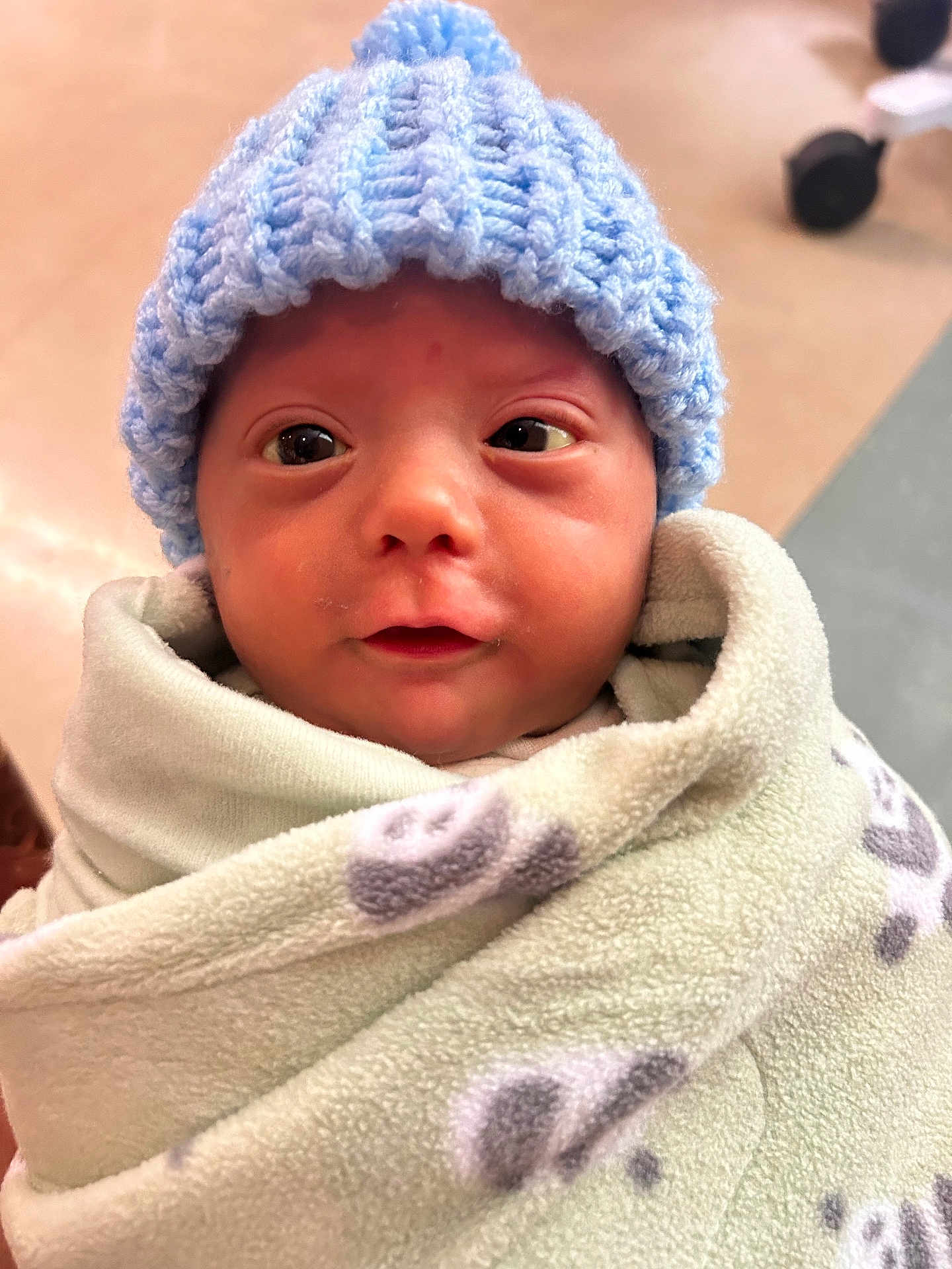 Kason joined the competition — help win amazing prizes! baby, newborn, infant, blue_hat, knitted_hat, blanket, fleece, wrapped, face, eyes, cute, soft, warm, indoors, closeup, portrait, person, child, newborn_baby, headwear