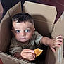 Nathan a rejoint le concours — aidez-le/la à gagner de superbes lots ! blue_eyes, box, cardboard, cardboard_box, child, clothing, cookie, curious, floor, floor_tiles, hand, home, indoor, looking_at_camera, messy_face, person, short_hair, sitting, toddler, young_child