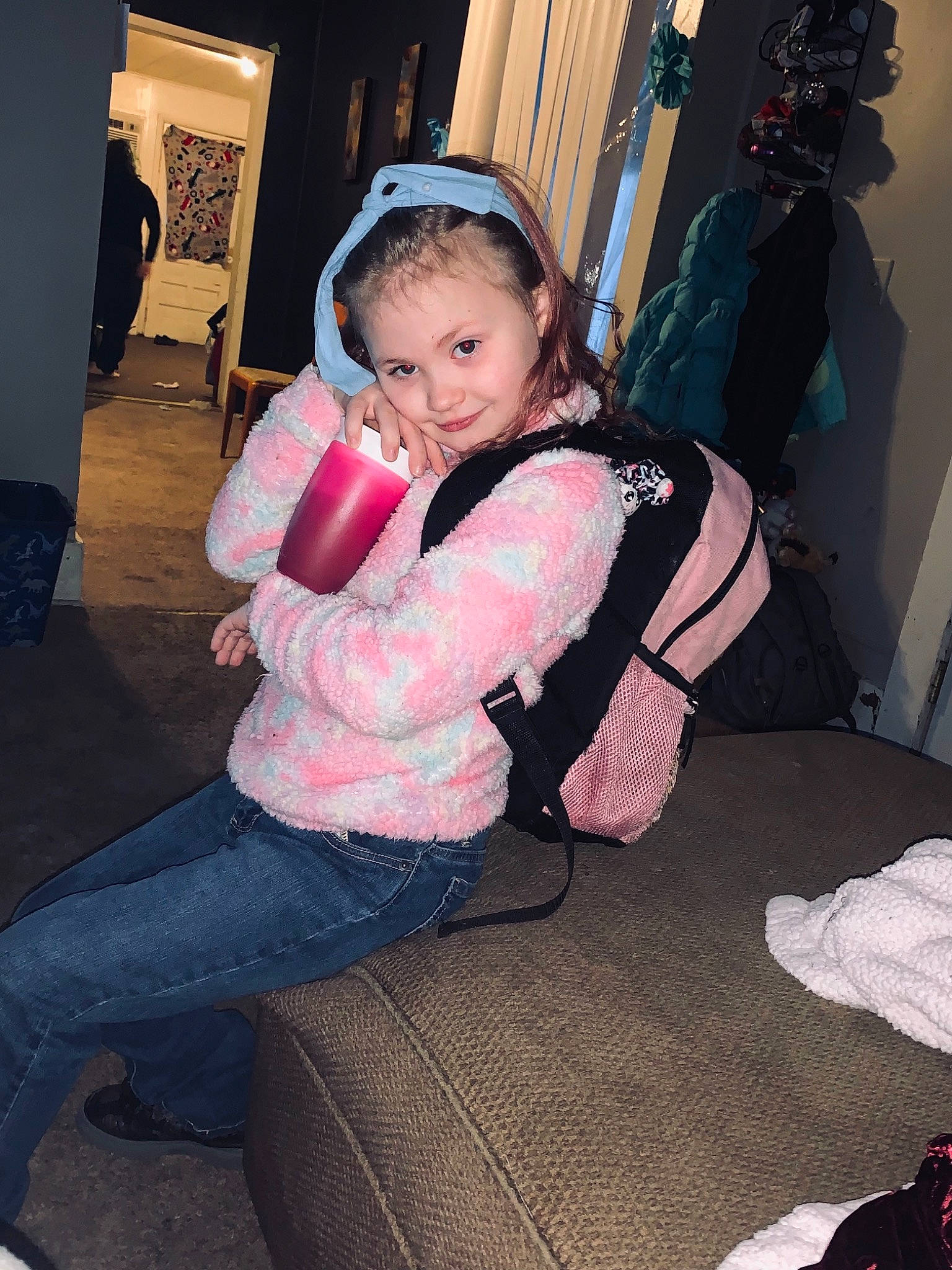Aaliyah is registered to the contest to win money with this photo: bag, chair, comfort, cool, costume, event, eyewear, fun, happy, joy, lap, leisure, luggage_and_bags, magenta, party, person, personal_protective_equipment, pink, sitting, thigh
