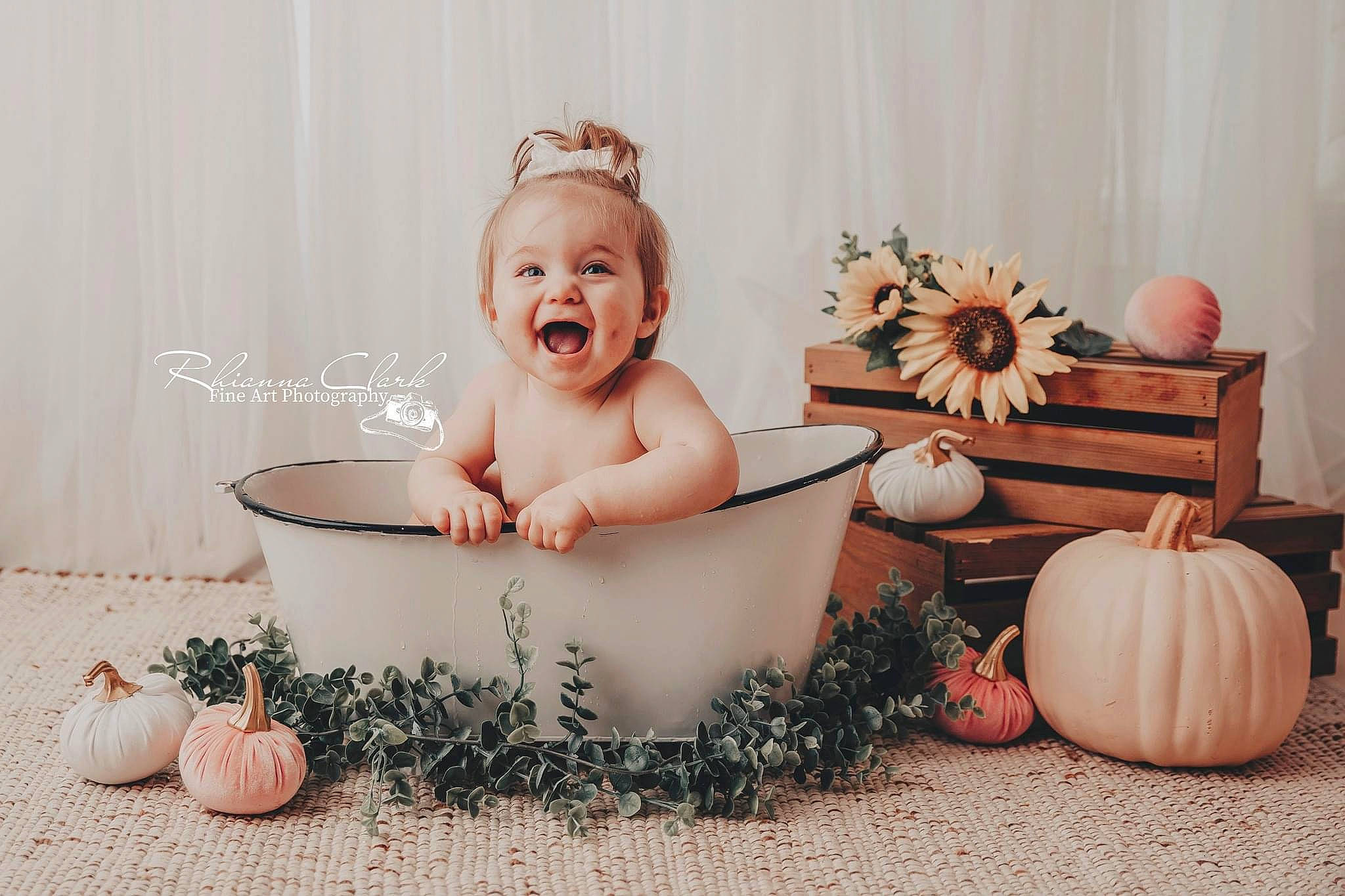 Vienna joined the competition — help win amazing prizes! baby, baby_toddler_clothing, calabaza, child, cucurbita, facial_expression, flash_photography, flooring, gourd, grass, happy, headpiece, jewellery, person, plant, pumpkin, room, sitting, smile, toddler