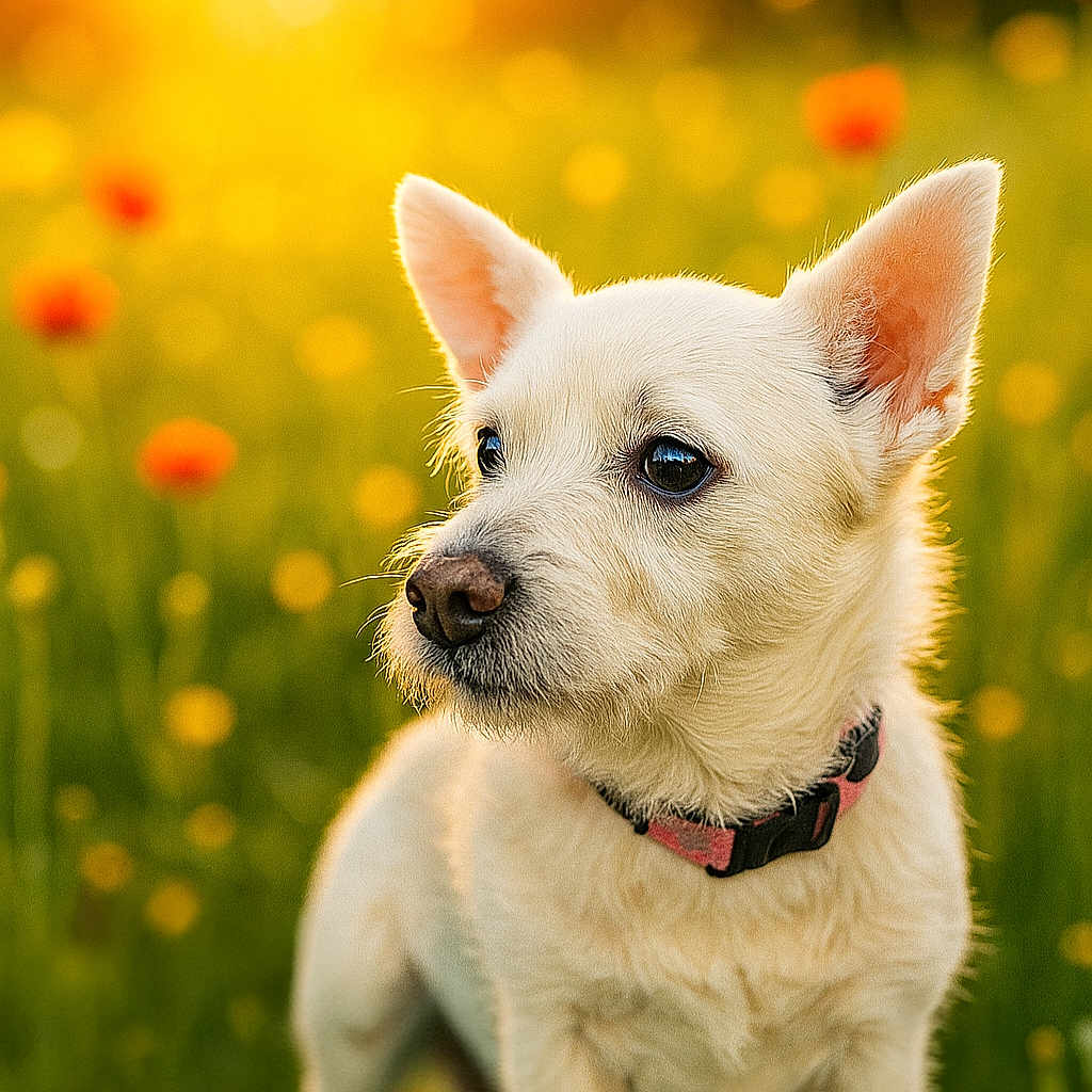 Phoebe Mae Dauley is registered to the contest to win money with this photo: alert, animal, canine, collar, cute, dog, ears, field, flowers, fur, golden_hour, grass, nature, outdoor, pet, portrait, puppy, sunlight, sunset, white_dog