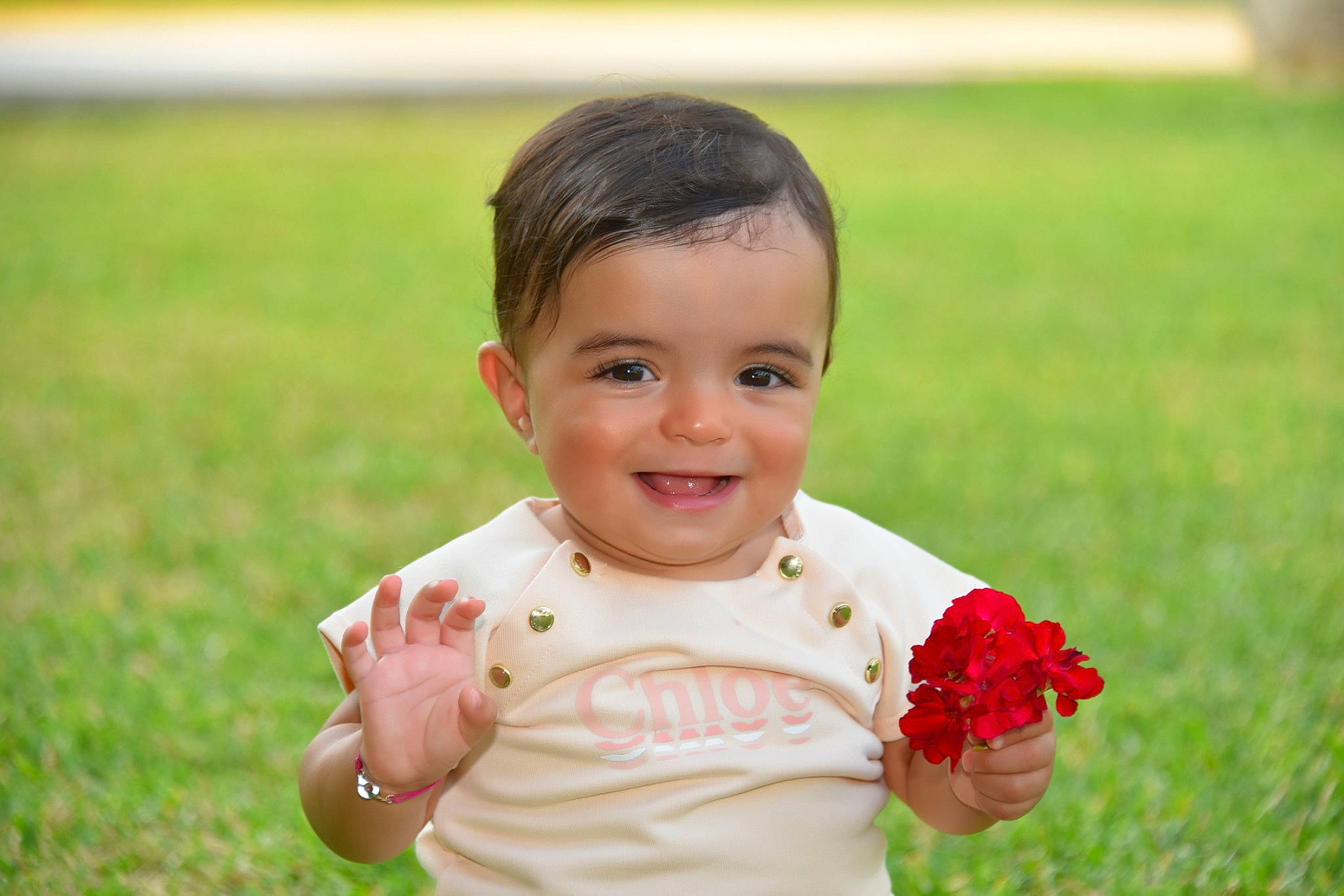 Aliyah participe au concours pour gagner de l'argent avec cette photo : baby, baby_toddler_clothing, dress, face, facial_expression, flower, fun, gesture, grass, happy, head, joy, lip, meadow, people_in_nature, person, petal, plant, skin, smile