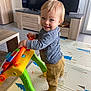 Charles participe au concours pour gagner de l'argent avec cette photo : baby, barefoot, blue_eyes, child, clothing, cute, floor, home, indoor, pants, person, playmat, playtime, smiling, sweater, television, toddler, toy, walker, wooden_furniture