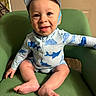 Grayson is registered to the contest to win money with this photo: baby, child, smiling, blue_shark_outfit, cap, green_chair, indoor, happy, cute, sitting, face, person, infant, apparel, foot, hand, portrait, skin, headwear, expression