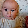 baby, infant, face, eyes, expression, blanket, stars, hand, clothing, cute, portrait, child, closeup, skin, newborn, soft, laying, young, adorable, indoor