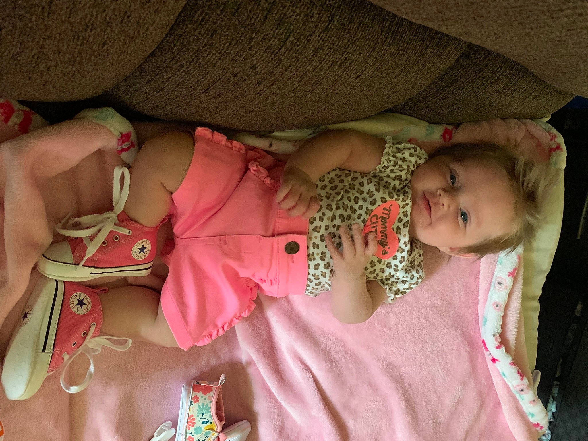 Kinzlee joined the competition — help win amazing prizes! baby, baby_toddler_clothing, beauty, cheek, chest, comfort, face, fawn, hand, human_body, mammal, mouth, organ, pattern, person, pink, skin, sleeve, textile, toddler