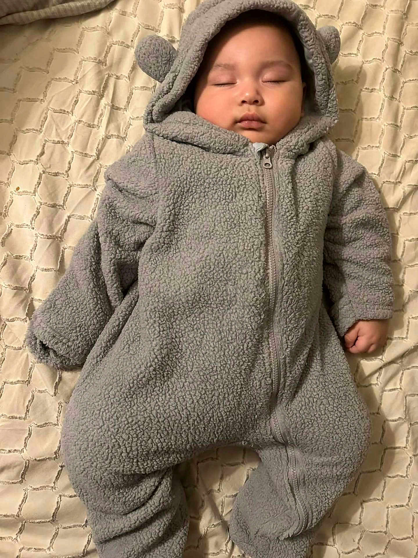 Ethan is registered to the contest to win money with this photo: baby, sleeping, onesie, gray_clothing, hood, bear_ears, blanket, cozy, infant, child, cute, soft_texture, zipped, hand, face, closed_eyes, indoors, resting, comfort, toddler