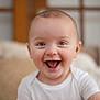 baby, smiling, happy, face, infant, child, white_shirt, indoors, portrait, cute, head, eyes, mouth, skin, person, young, expression, closeup, background_blur, soft_light