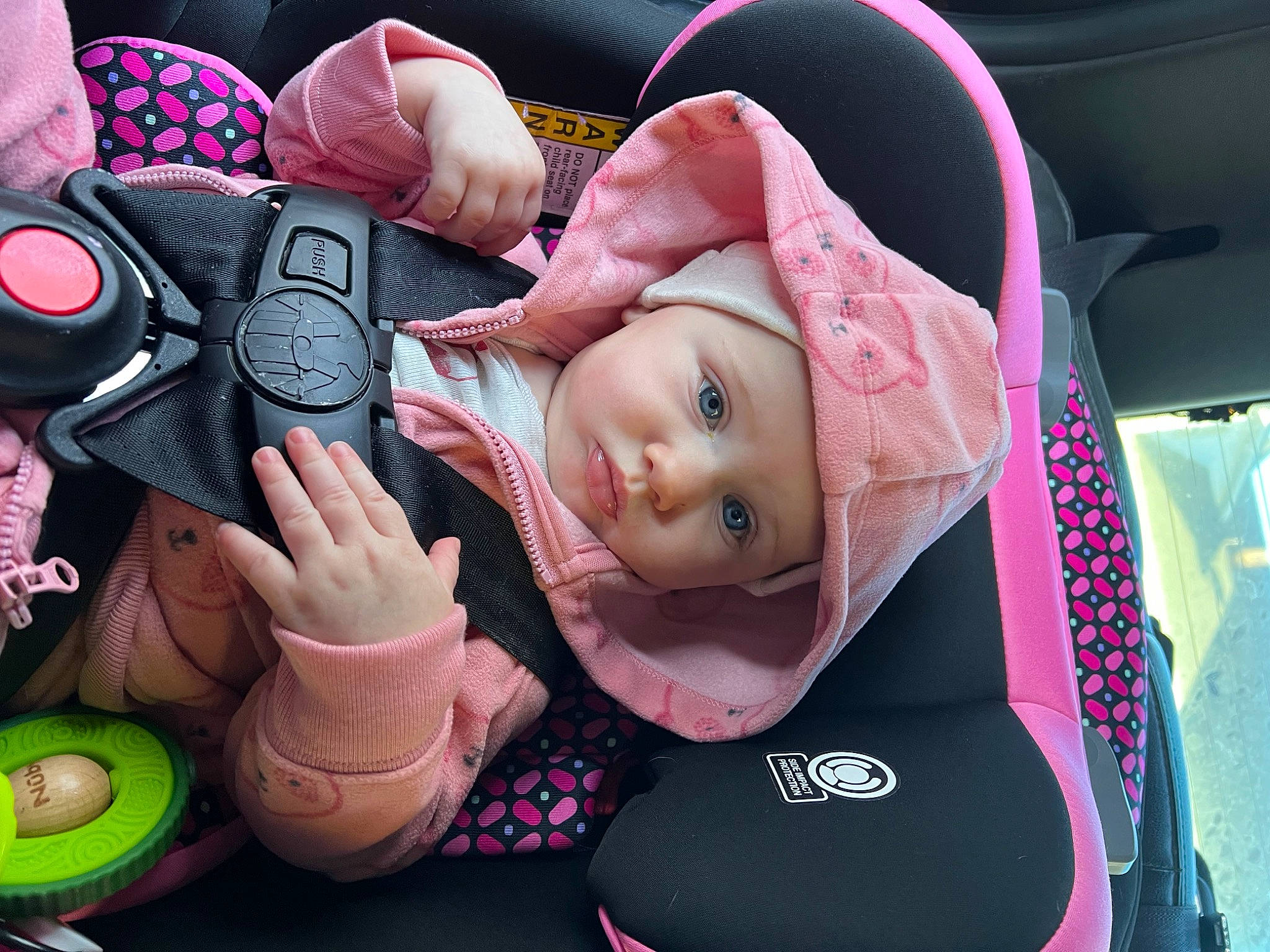 Gracelynn joined the competition — help win amazing prizes! baby, cheek, child, eyelash, facial_expression, finger, fun, gesture, happy, headwear, magenta, material_property, mouth, nail, person, pink, product, skin, textile, thumb