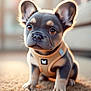 puppy, dog, french_bulldog, pet, animal, cute, brown_eyes, harness, carpet, indoor, soft_light, close_up, portrait, fur, ears, sitting, adorable, young, domestic_animal, canine