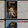 dog, puppy, calendar, december, september, little_man, portrait, white_dog, brown_dog, fluffy, pet, animal, hand, holding, blue_background, photograph, printed_page, monthly_calendar, reminders, home_decor