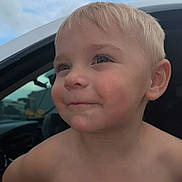 Pave joined the competition — help win amazing prizes! child, blonde_hair, shirtless, car, window, sky, clouds, face, smile, outdoor, vehicle, person, young, cute, happy, portrait, head, cheeks, expression, daylight