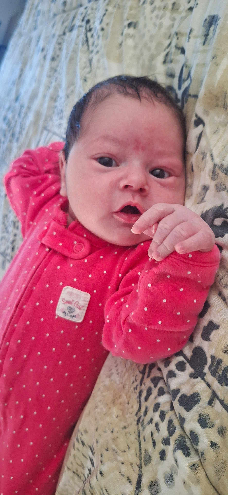 Alani joined the competition — help win amazing prizes! baby, infant, child, pink_clothing, polka_dot, onesie, face, hand, blanket, patterned_blanket, lying_down, curious, expression, cute, indoor, skin, head, small_fingers, newborn, portrait