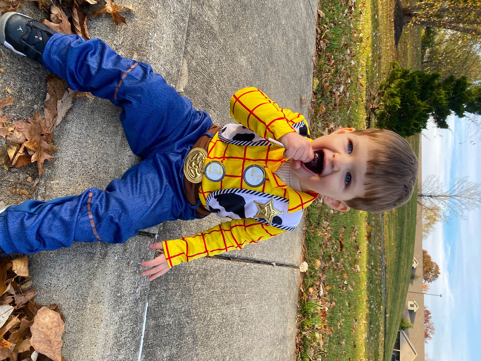 Leon joined the competition — help win amazing prizes! child, electric_blue, fun, glove, grass, happy, leisure, orange, pattern, people_in_nature, person, personal_protective_equipment, plant, sitting, sky, smile, toddler, tree