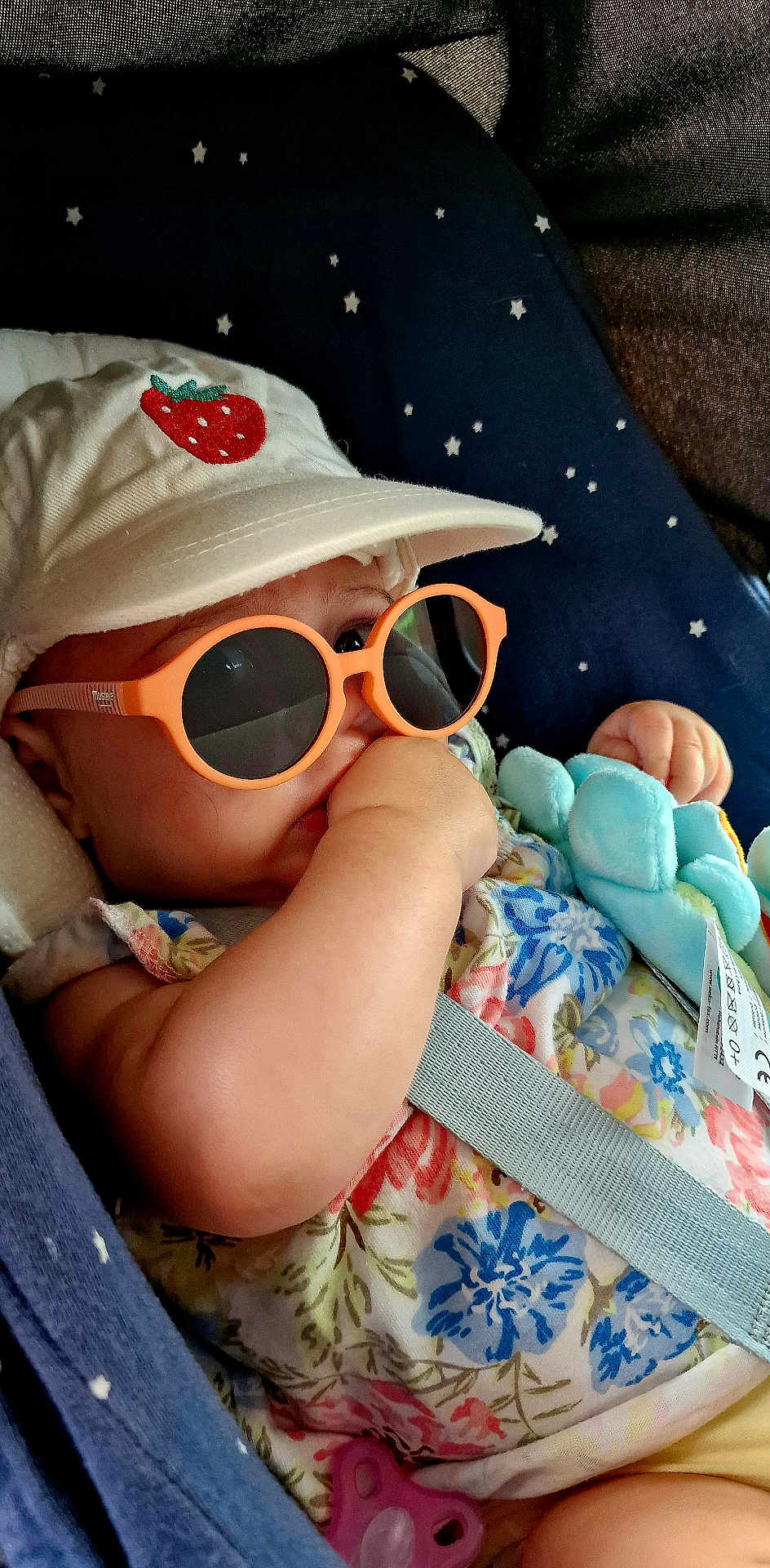 Caitlin a rejoint le concours — aidez-le/la à gagner de superbes lots ! baby, child, sunglasses, hat, strawberry_patch, thumb_sucking, car_seat, seatbelt, plush_toy, floral_clothing, infant, cute, orange_glasses, blue_toy, pacifier, relaxed, indoor, portrait, casual, comfortable