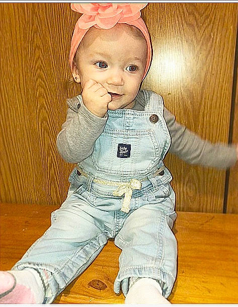 Joelynne joined the competition — help win amazing prizes! baby, baby_toddler_clothing, cheek, child, child_model, jeans, overall, person, sitting, sleeve, smile, toddler, trousers
