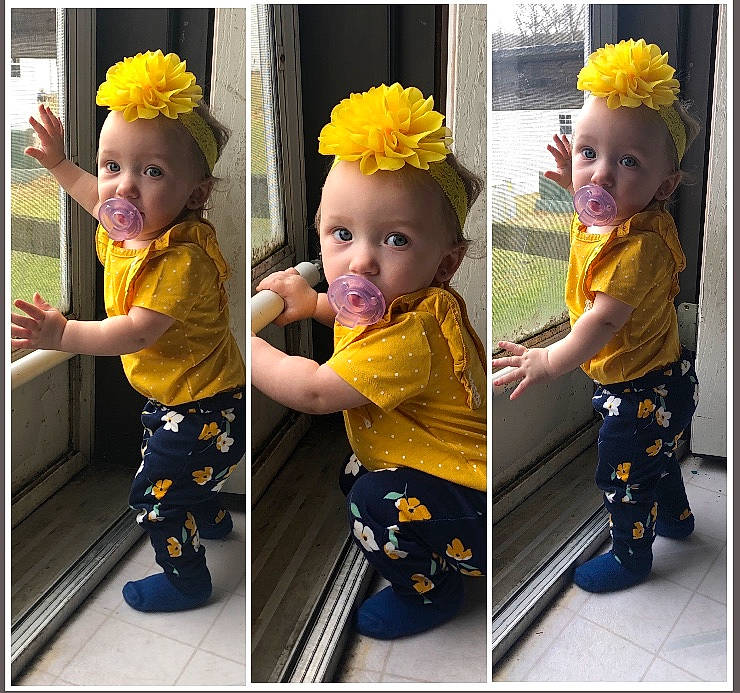Joelynne is registered to the contest to win money with this photo: baby, baby_products, baby_toddler_clothing, child, costume, fashion_accessory, flower, hair_accessory, head, headband, headgear, person, plant, play, product, toddler, yellow
