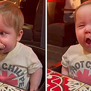 James is registered to the contest to win money with this photo: baby, child, toddler, face, expression, feeding, food, table, hand, clothing, red_hot_chili_peppers, indoor, funny_face, reaction, person, cute, young, sitting, high_chair, casual