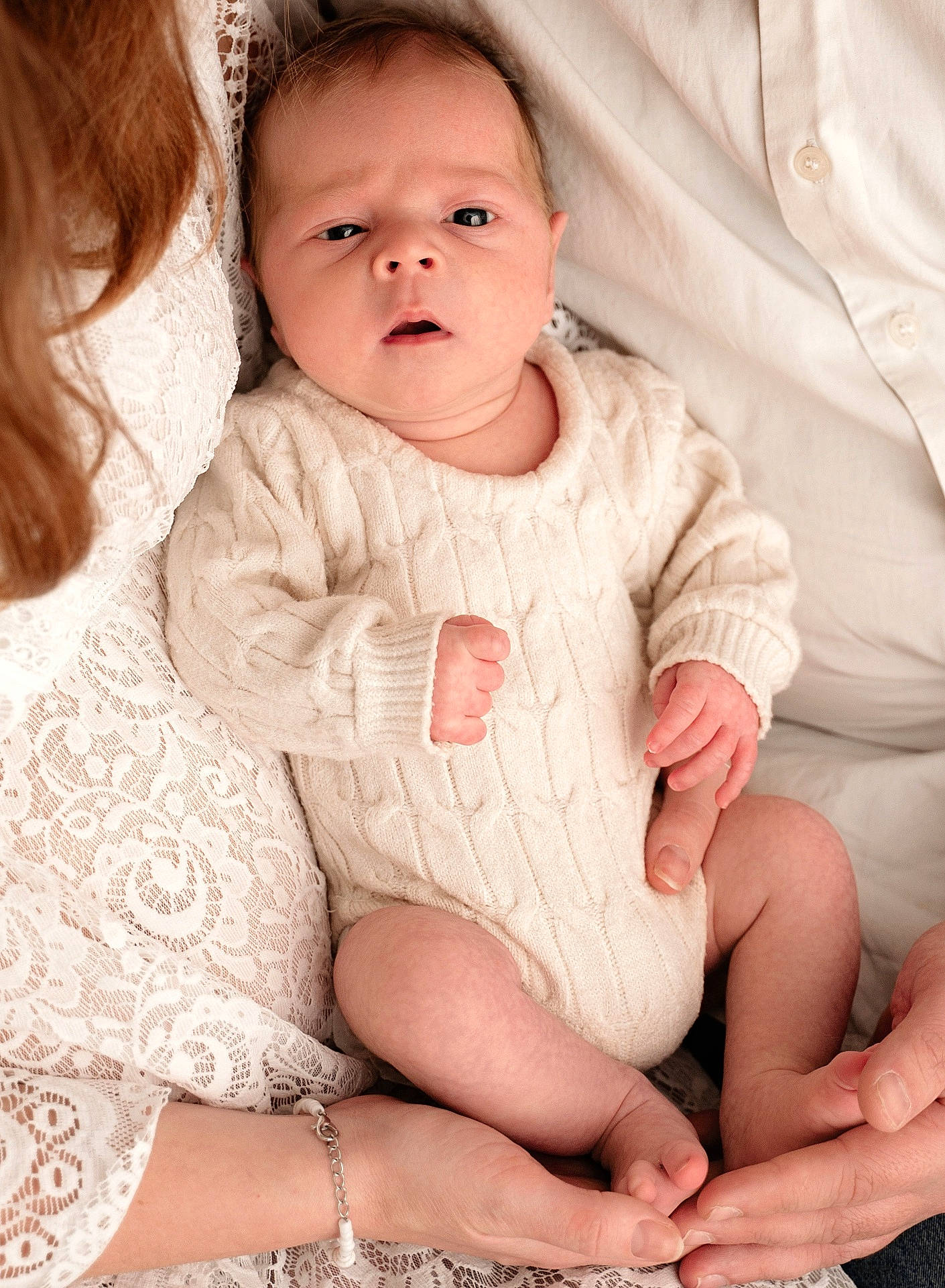 adult, baby, child, clothing, cozy, fabric, family, gentle, hand, holding, infant, knitwear, lace, newborn, person, portrait, sitting, skin, soft, white