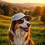 dog, cap, outdoor, grass, sunset, nature, animal, happy, pet, field, canine, fur, muzzle, ears, landscape, smiling, sitting, summer, warm_light, scenic