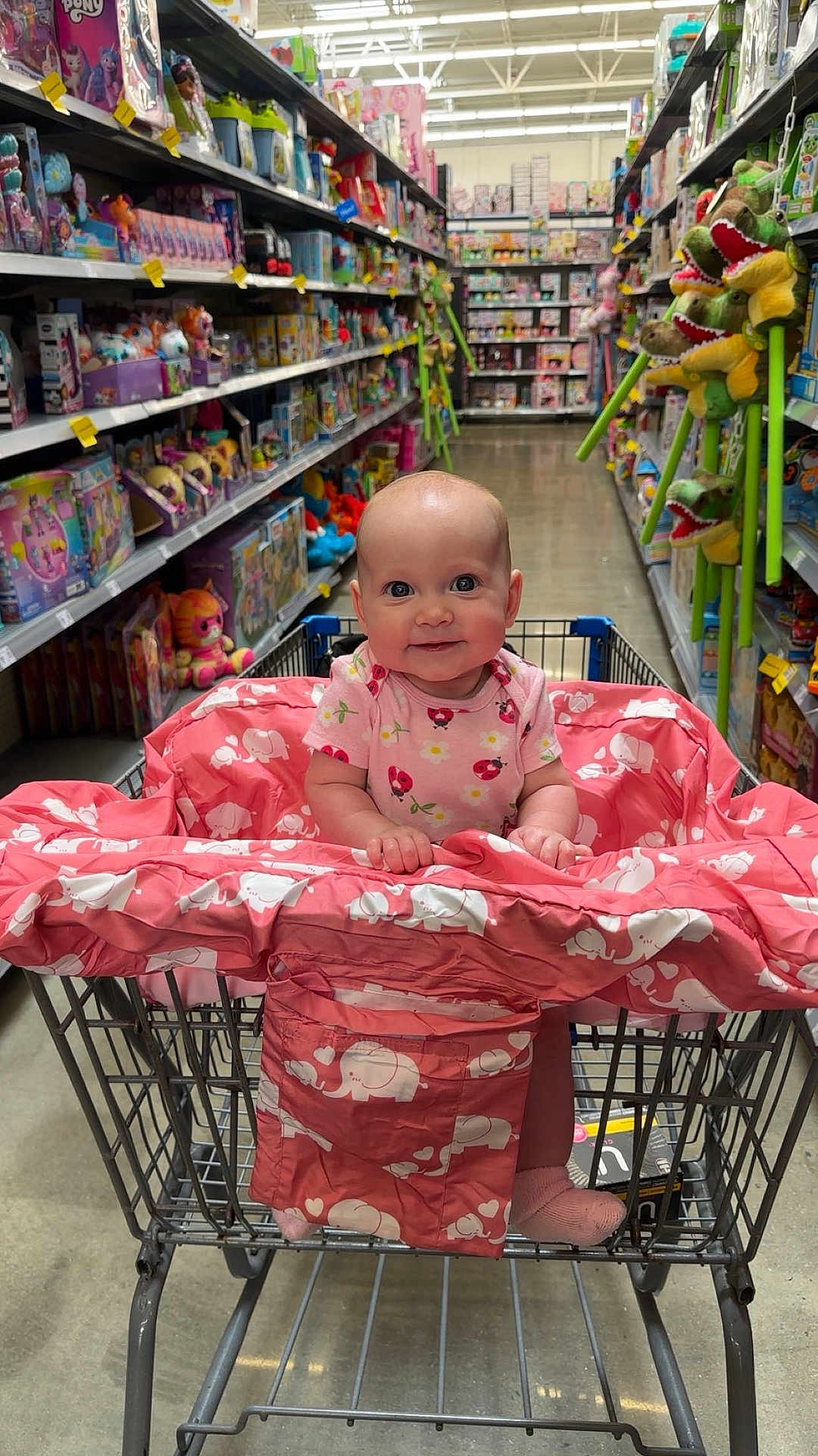 Eowyn joined the competition — help win amazing prizes! baby, shopping_cart, toy_store, toys, aisle, pink, elephant_pattern, child, smiling, clothing, floor, shopping, retail, cute, infant, socks, person, store_shelves, happy, indoor