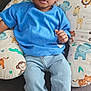 Zayonn participe au concours pour gagner de l'argent avec cette photo : animal_print, baby, blue_shirt, casual_clothing, child, comfort, curly_hair, cute, denim_jeans, home, indoor, infant, looking_at_camera, pillow, portrait, relaxed, seated, socks, sofa, toddler