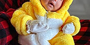 Jaslyn Cloe joined the competition — help win amazing prizes! baby, sleeping, costume, yellow, white, fluffy, hood, mittens, socks, red, black, checkered, blanket, infant, cute, resting, soft, cozy, indoor, portrait