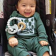 Julian joined the competition — help win amazing prizes! baby, smiling, car_seat, green_outfit, white_socks, teething_toy, pacifier, happy, child, infant, indoor, cute, person, clothing, seat, toy, hair, face, portrait, comfort