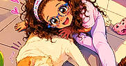 Aria a rejoint le concours — aidez-le/la à gagner de superbes lots ! animated, girl, dog, glasses, curly_hair, floor, slippers, bunny_slippers, tile_floor, plant, headband, happy, colorful, sunlight, paw, barefoot, indoor, cute, doodles, playful