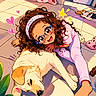 animated, girl, dog, glasses, curly_hair, floor, slippers, bunny_slippers, tile_floor, plant, headband, happy, colorful, sunlight, paw, barefoot, indoor, cute, doodles, playful