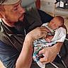 man, baby, newborn, holding, hospital_blanket, beard, cap, indoor, person, sleeping, care, love, family, portrait, hands, face, clothing, chair, tattoo, gentle