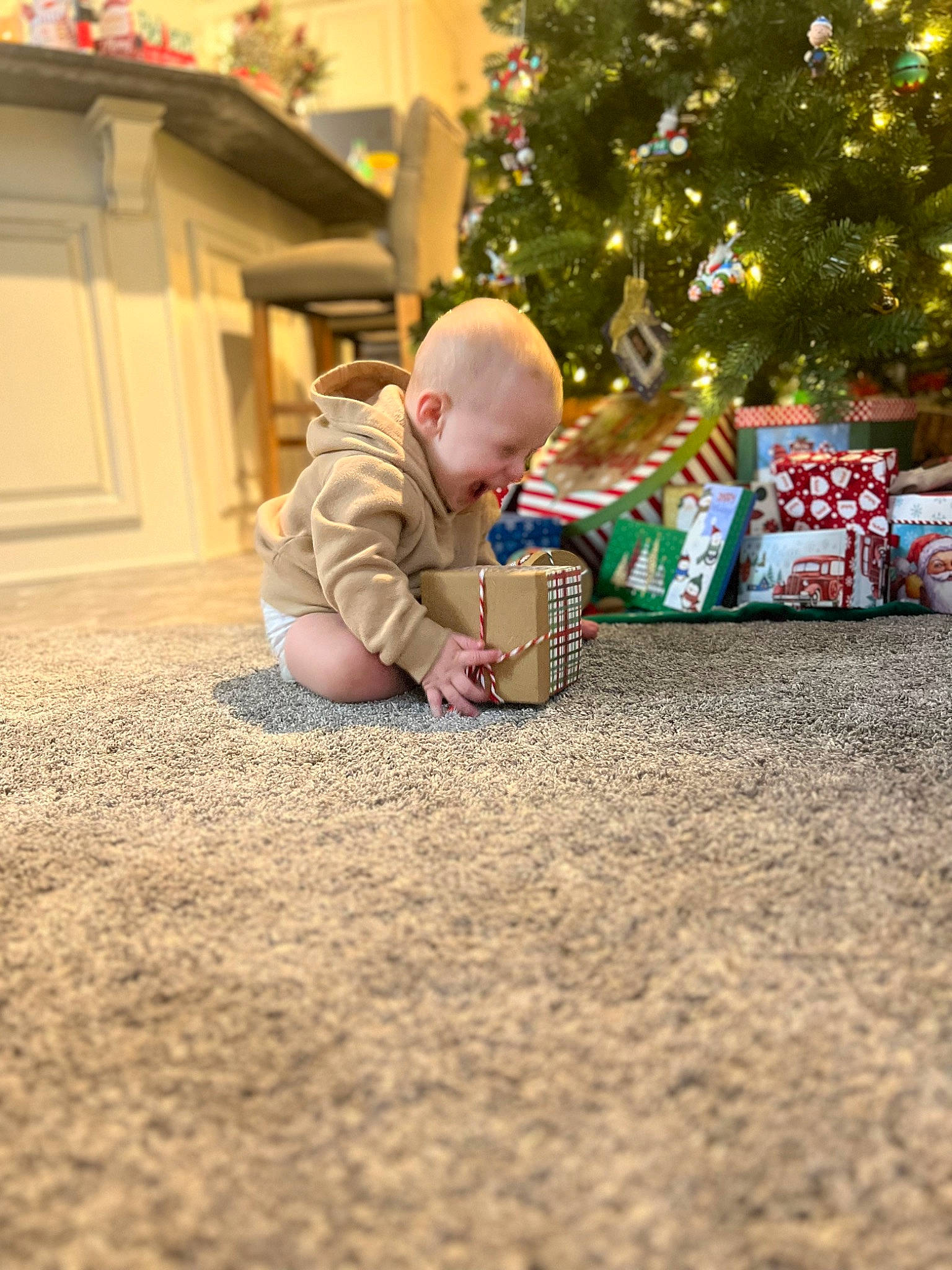 Jaylon is registered to the contest to win money with this photo: baby, carpet, child, christmas, christmas_decoration, christmas_ornament, christmas_tree, event, floor, flooring, fun, grass, hardwood, mammal, person, plant, sitting, soil, toddler, tree