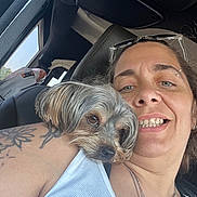 Rocky joined the competition — help win amazing prizes! animal, car, casual, close_up, dog, friendship, glasses, indoor, leather_seat, pet, piercing, portrait, relaxation, seat, shoulder, smile, tattoo, white_tank_top, window, woman