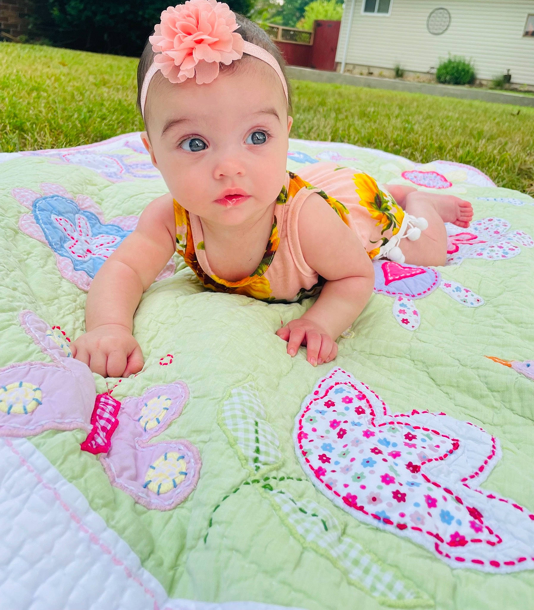 Bexley is registered to the contest to win money with this photo: baby, baby_toddler_clothing, beauty, child, dress, face, grass, happy, headgear, headpiece, magenta, pattern, person, pink, plant, red, skin, sleeve, summer, textile