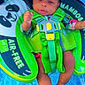 baby, blue_water, child, clothing, cute, face, feet, floatation_device, floating, green, infant, infant_swimwear, mambobaby, outdoor, pool, relaxed, safety_harness, summer, swimming, water