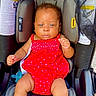 baby, infant, car_seat, red_outfit, stars_pattern, child, cute, portrait, sitting, safety, seatbelt, child_safety, indoors, young_child, person, skin, face, legs, feet, bright_eyes
