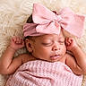 newborn, baby, sleeping, pink_bow, blanket, infant, headband, cute, soft_texture, fluffy, peaceful, resting, portrait, closeup, skin, arms, head, face, indoors, cozy