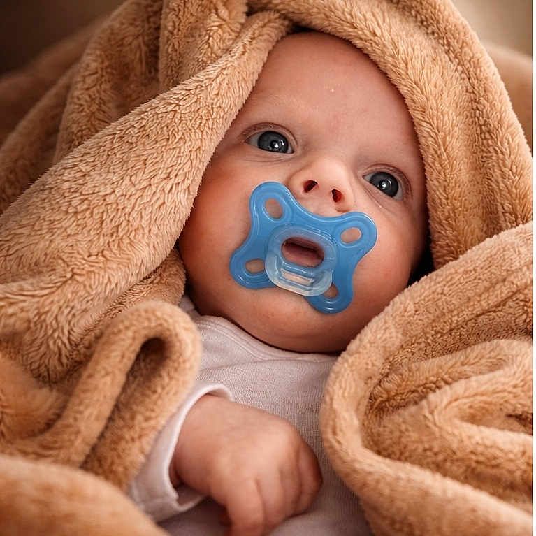 Maël a rejoint le concours — aidez-le/la à gagner de superbes lots ! baby, pacifier, blanket, wrapped, infant, blue, face, eyes, hand, soft, warm, cute, portrait, child, newborn, cozy, skin, expression, indoors, clothing