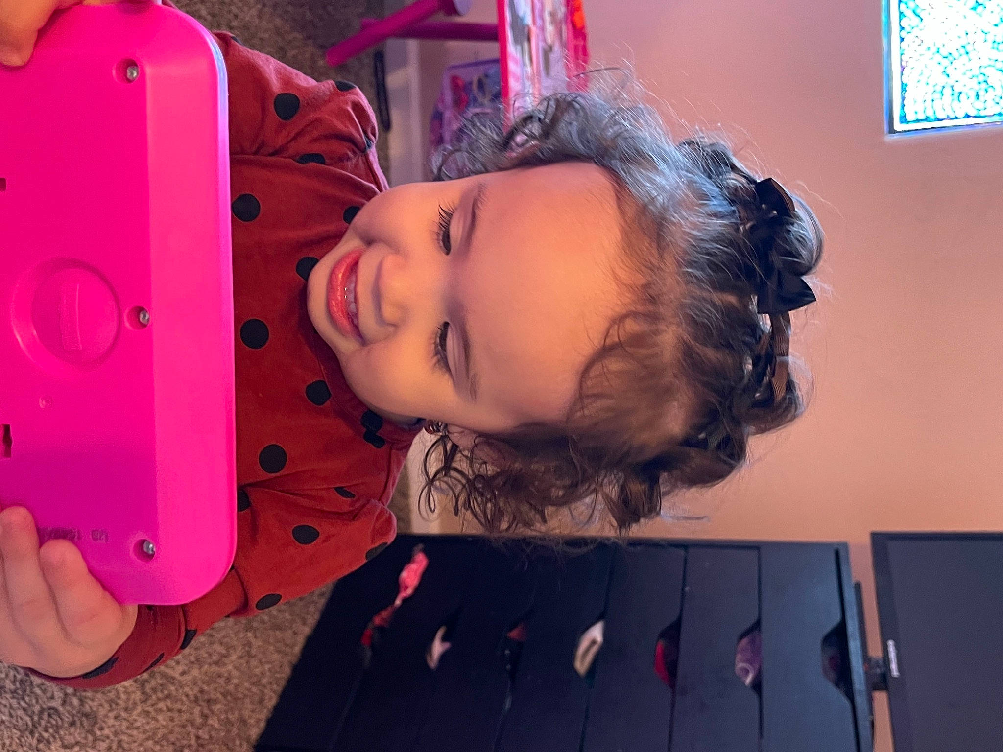 Aaliyah joined the competition — help win amazing prizes! baby_toddler_clothing, cheek, child, chin, eyebrow, eyelash, face, fun, happy, head, lip, magenta, mouth, nose, pattern, person, pink, purple, skin, smile