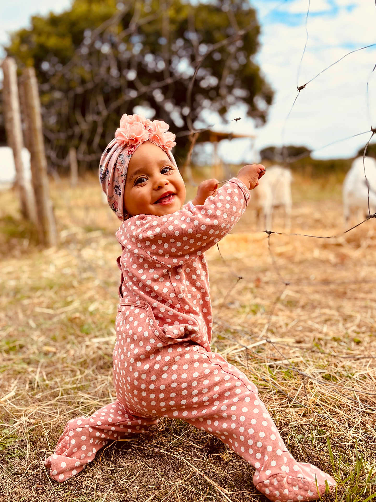 Siyanna a rejoint le concours — aidez-le/la à gagner de superbes lots ! baby, child, polka_dot, pink_clothing, headwrap, smile, outdoor, grass, fence, animal, goat, nature, countryside, crawling, happy, infant, portrait, daylight, field, playful