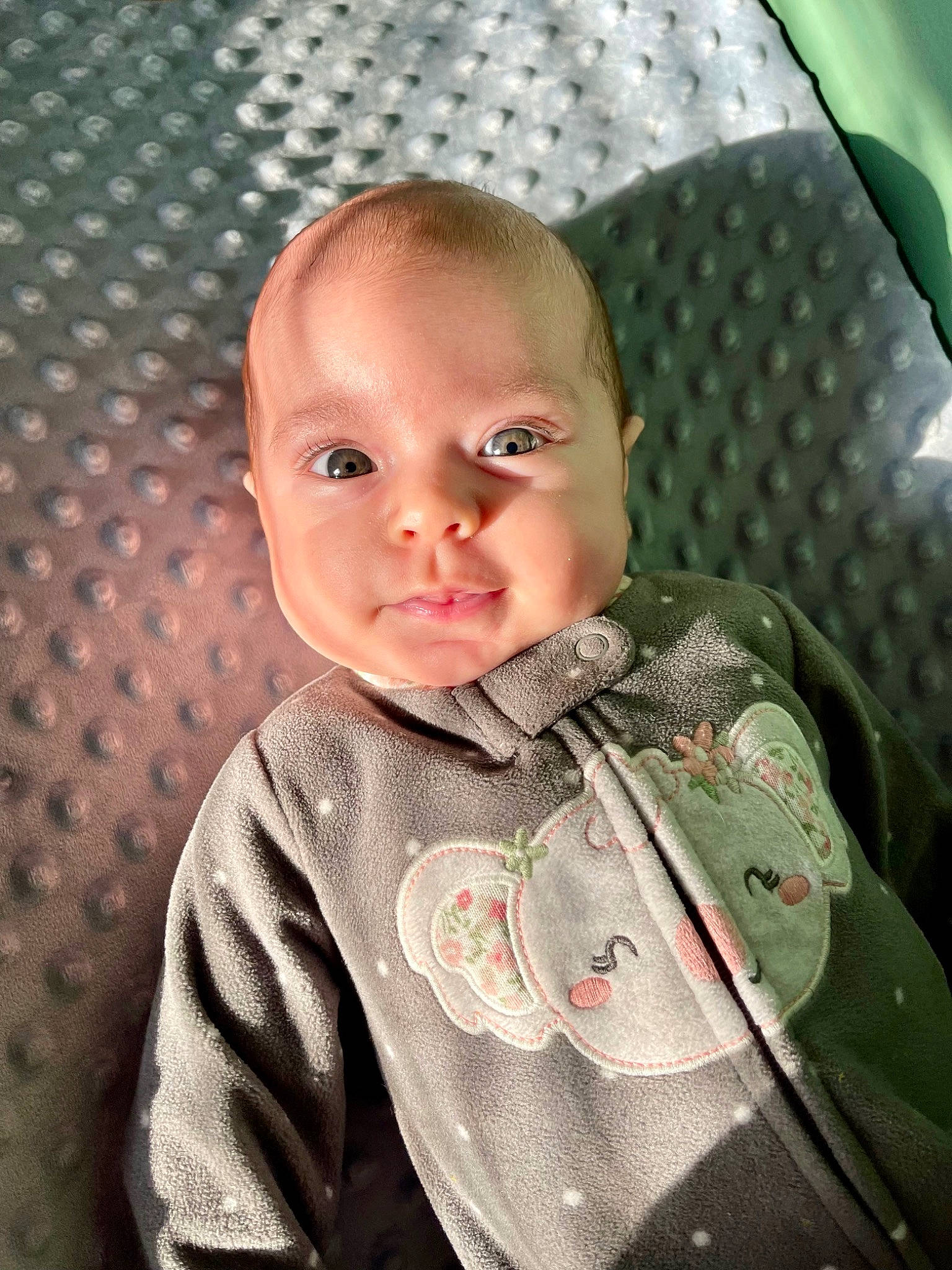 Caroline joined the competition — help win amazing prizes! baby, baby_toddler_clothing, cheek, child, collar, comfort, dress_shirt, eye, happy, iris, linens, mouth, nose, organ, pattern, person, sitting, skin, sleeve, smile