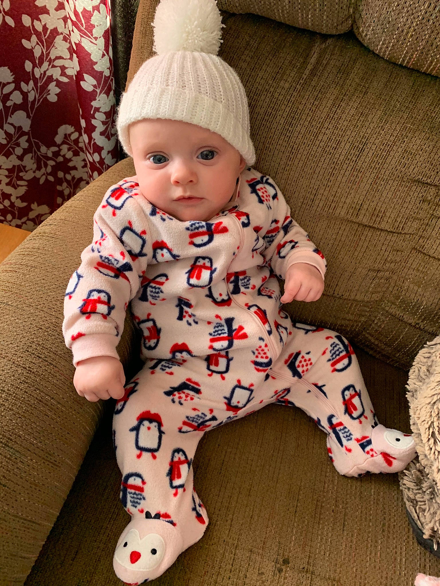 Emmalee joined the competition — help win amazing prizes! baby, baby_products, baby_toddler_clothing, child, headgear, headwear, knit_cap, pajamas, person, skin, sleeve, toddler, toy, wool