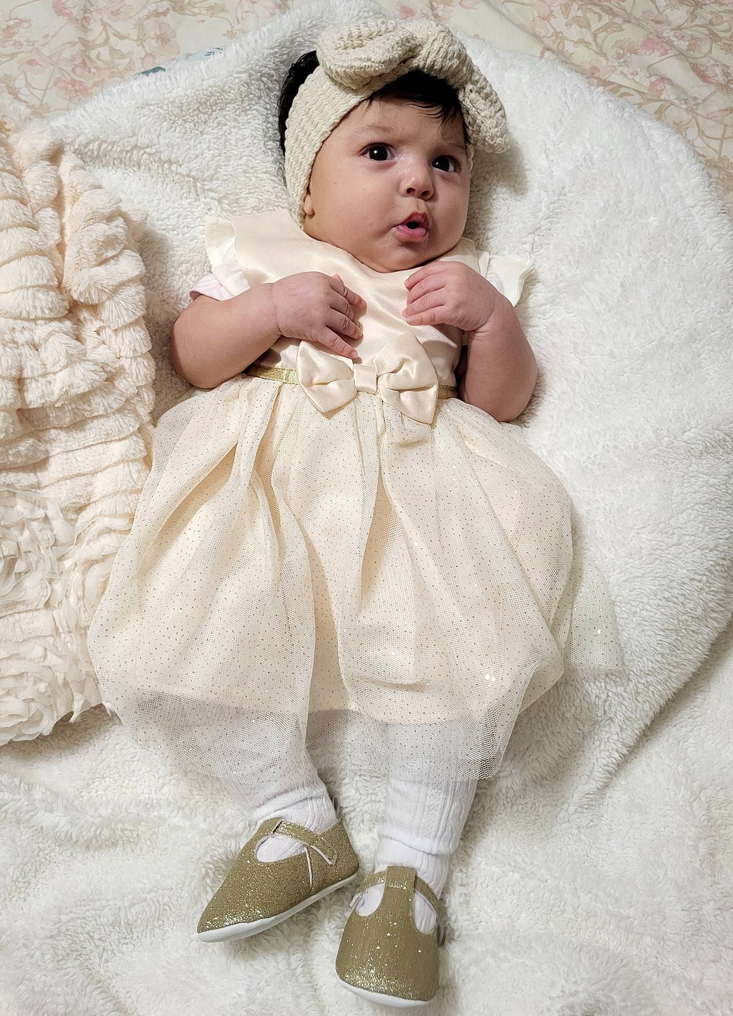 Karla joined the competition — help win amazing prizes! baby, baby_toddler_clothing, bridal_accessory, child, dress, embellishment, eye, face, fashion_accessory, fashion_design, flash_photography, hair_accessory, head, headgear, headpiece, headwear, linens, pattern, person, sitting