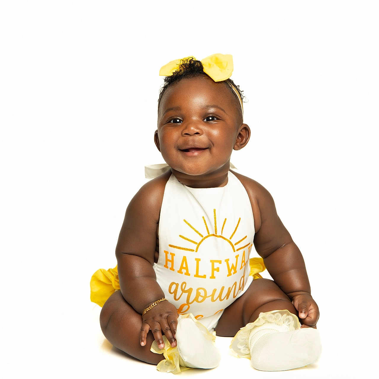 Maori joined the competition — help win amazing prizes! accessory, adorable, baby, bright, child, cute_outfit, face, fashion, feet, hand, happy, infant, portrait, sitting, smiling, studio_shot, white_background, yellow_accents, yellow_bow, young