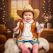 Isabella joined the competition — help win amazing prizes! baby, child, cowboy_hat, cowboy_boots, vest, lasso, sheriff_star, smiling, indoor, barrel, fur_rug, decor, window, lights, flowers, jeans, sunflower_patch, cute, portrait, happy