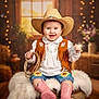 baby, child, cowboy_hat, cowboy_boots, vest, lasso, sheriff_star, smiling, indoor, barrel, fur_rug, decor, window, lights, flowers, jeans, sunflower_patch, cute, portrait, happy