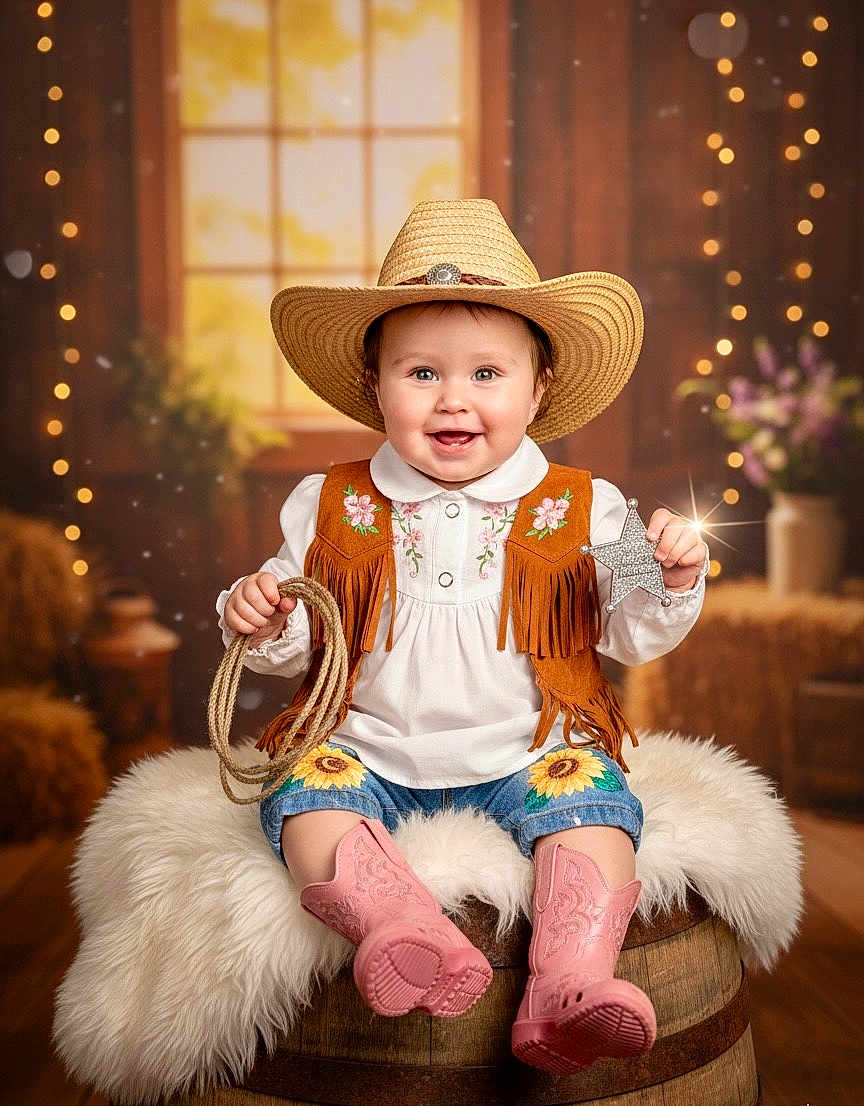 Isabella joined the competition — help win amazing prizes! baby, child, cowboy_hat, cowboy_boots, vest, lasso, sheriff_star, smiling, indoor, barrel, fur_rug, decor, window, lights, flowers, jeans, sunflower_patch, cute, portrait, happy