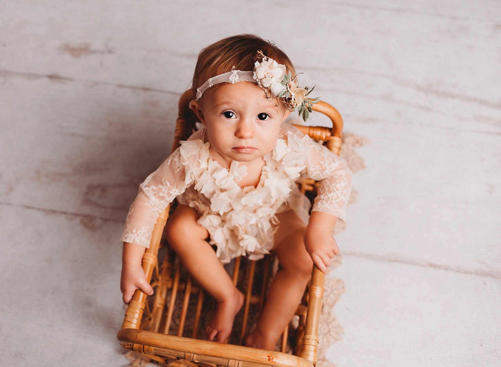 Harper is registered to the contest to win money with this photo: baby, baby_toddler_clothing, chin, doll, dress, eye, eyebrow, eyelash, fashion_design, fawn, flash_photography, hair, headgear, headpiece, headwear, human_body, iris, lip, person, skin