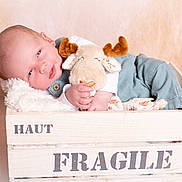 Nathan participe au concours pour gagner de l'argent avec cette photo : baby, infant, plush_toy, moose, crate, wooden_crate, fragile_label, blanket, soft_texture, cute, sleepy, cozy, child, portrait, indoors, comfort, small_hands, clothing, resting, peaceful